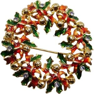 Christopher Radko Christmas Wreath Signed Brooch with Green Enameled Holly 2"